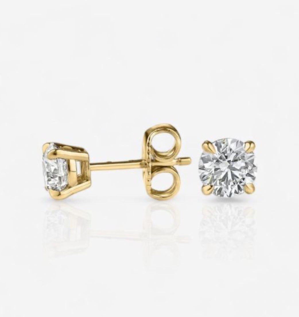 lab grown studs in yellow gold front and side picture