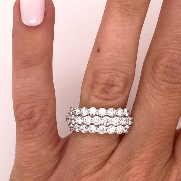 lab grown 3 row diamond band in 14k white gold on hand