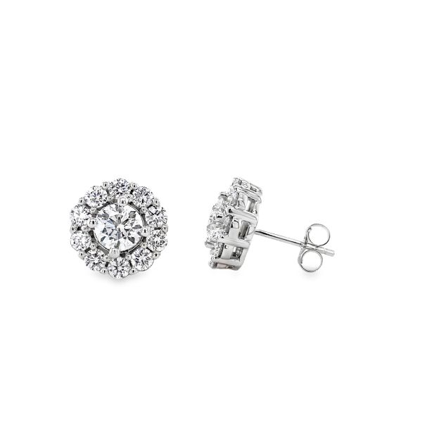 Lab Grown Diamond Studs Halo Setting Front and Side 