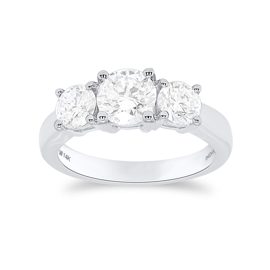 lab grown diamond 3 stone round cut ring in 14 kt white gold
