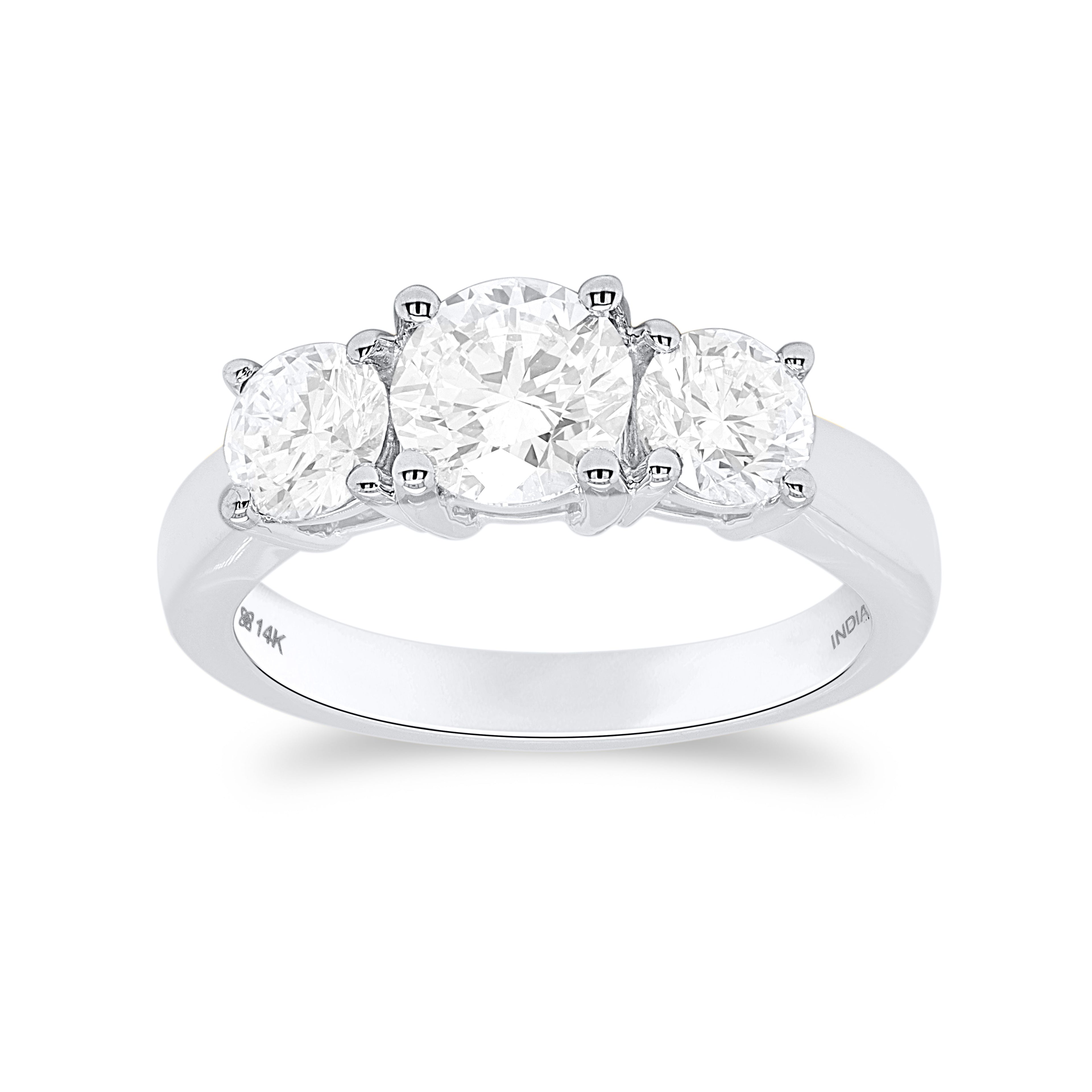 lab grown diamond 3 stone round cut ring in 14 kt white gold