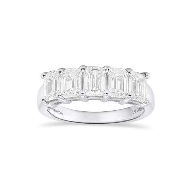 lab grown diamond 5 stone Emerald cut band in 14 kt white gold