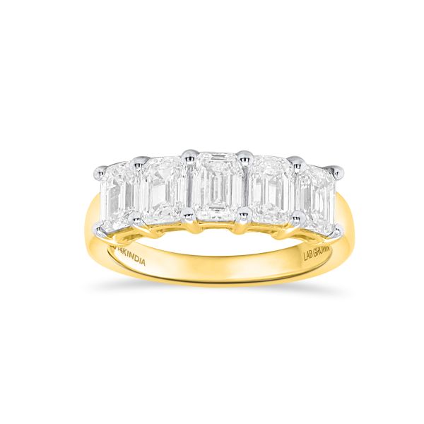lab grown diamond 5 stone Emerald cut band in 14 kt yellow gold