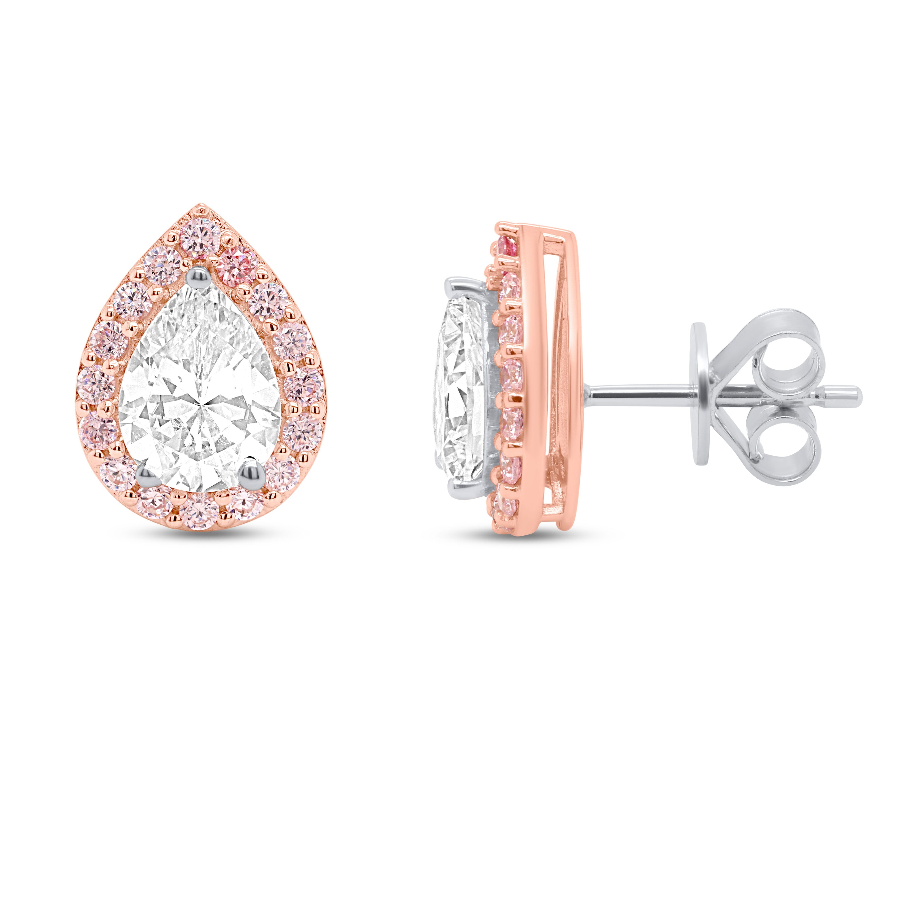 lab grown diamond studs pear shape in halo setting with pink diamonds in white gold front and side picture
