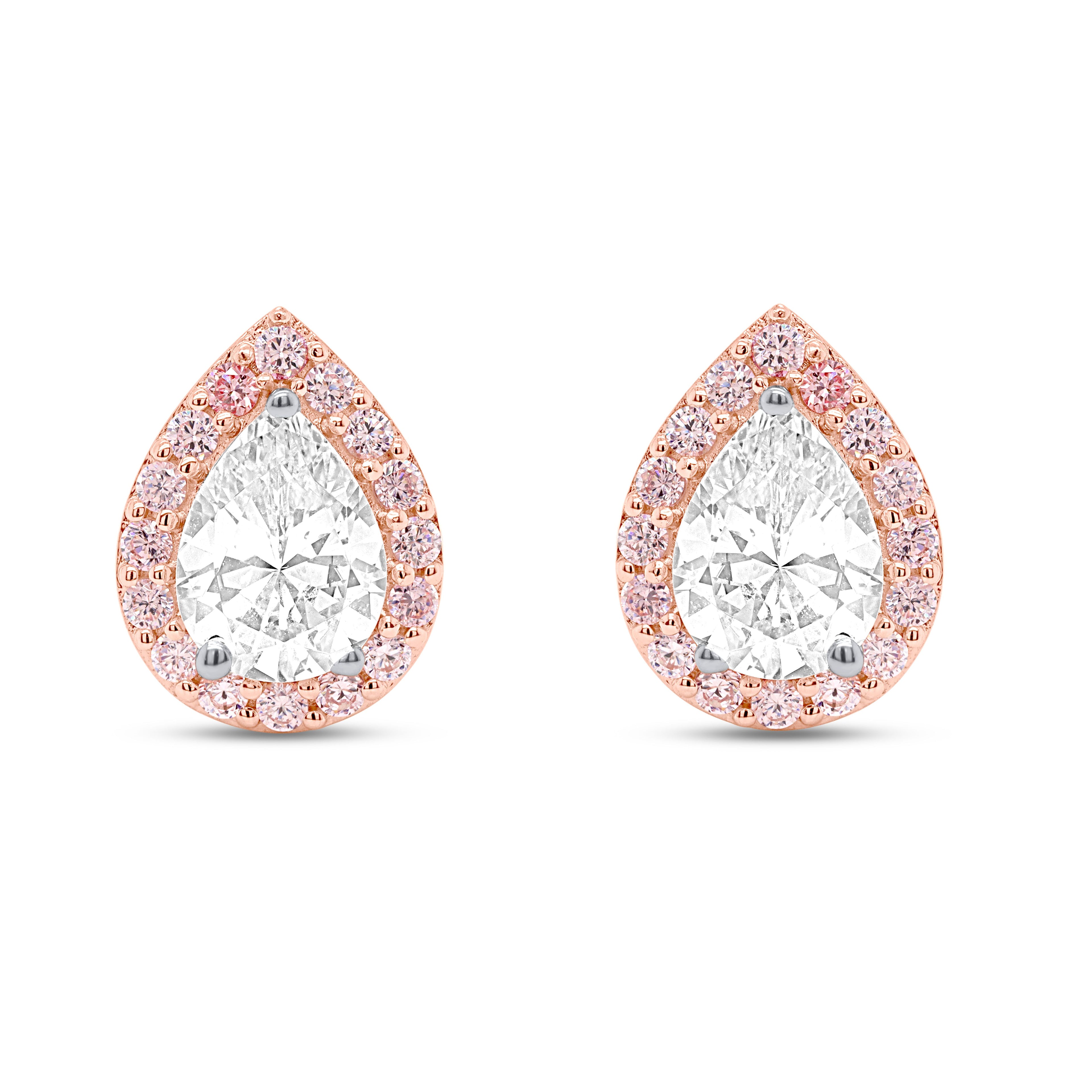 lab grown diamond studs pear shape in halo setting with pink diamonds in white gold