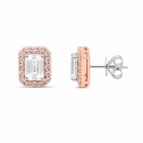 lab grown diamond studs emerald cut in halo setting with pink diamonds in white and rose gold front and side picture