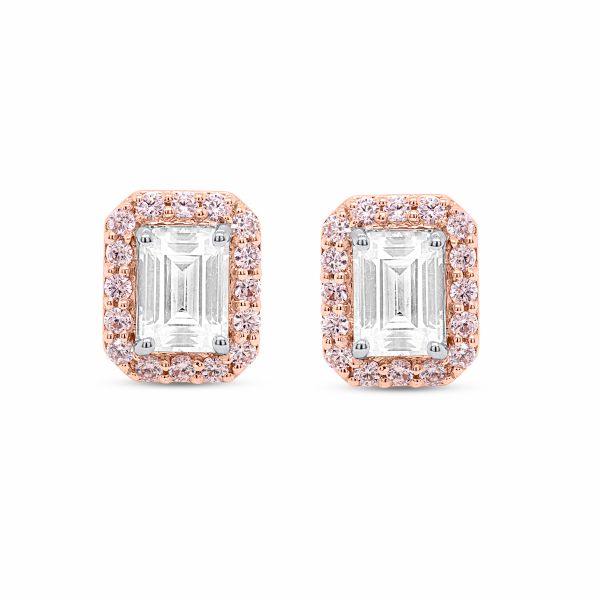 lab grown diamond studs emerald cut in halo setting with pink diamonds in white gold and rose gold