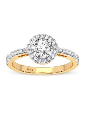 Front view and slight profile of a 14K yellow gold diamond halo engagement ring with a round center diamond, surrounded by a diamond halo and set on a multi-row pavé diamond band. The interior '14K' hallmark is visible. Perfect for a bridal and engagement setting.