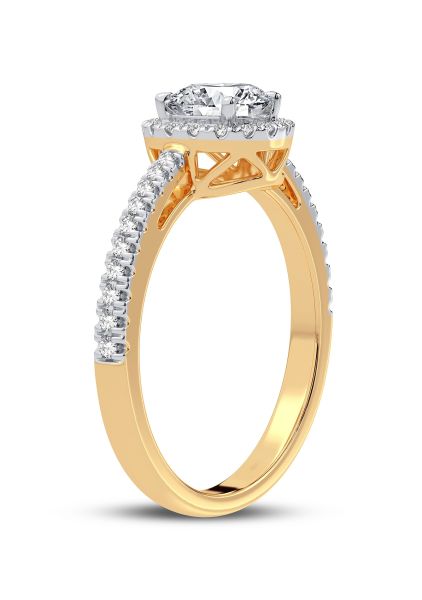Front view and slight profile of a 14K yellow gold diamond halo engagement ring with a round center diamond, surrounded by a diamond halo and set on a multi-row pavé diamond band. The interior '14K' hallmark is visible. Perfect for a bridal and engagement setting.