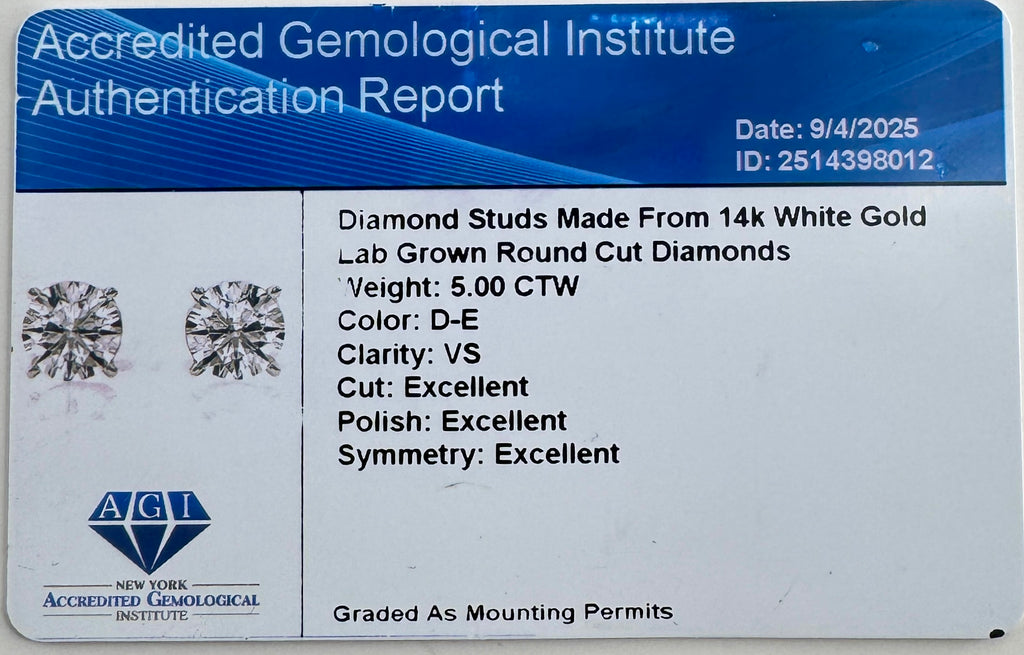 Lab Grown 5.00 ctw Diamond Studs in 4-Prong Setting – AGI Certified