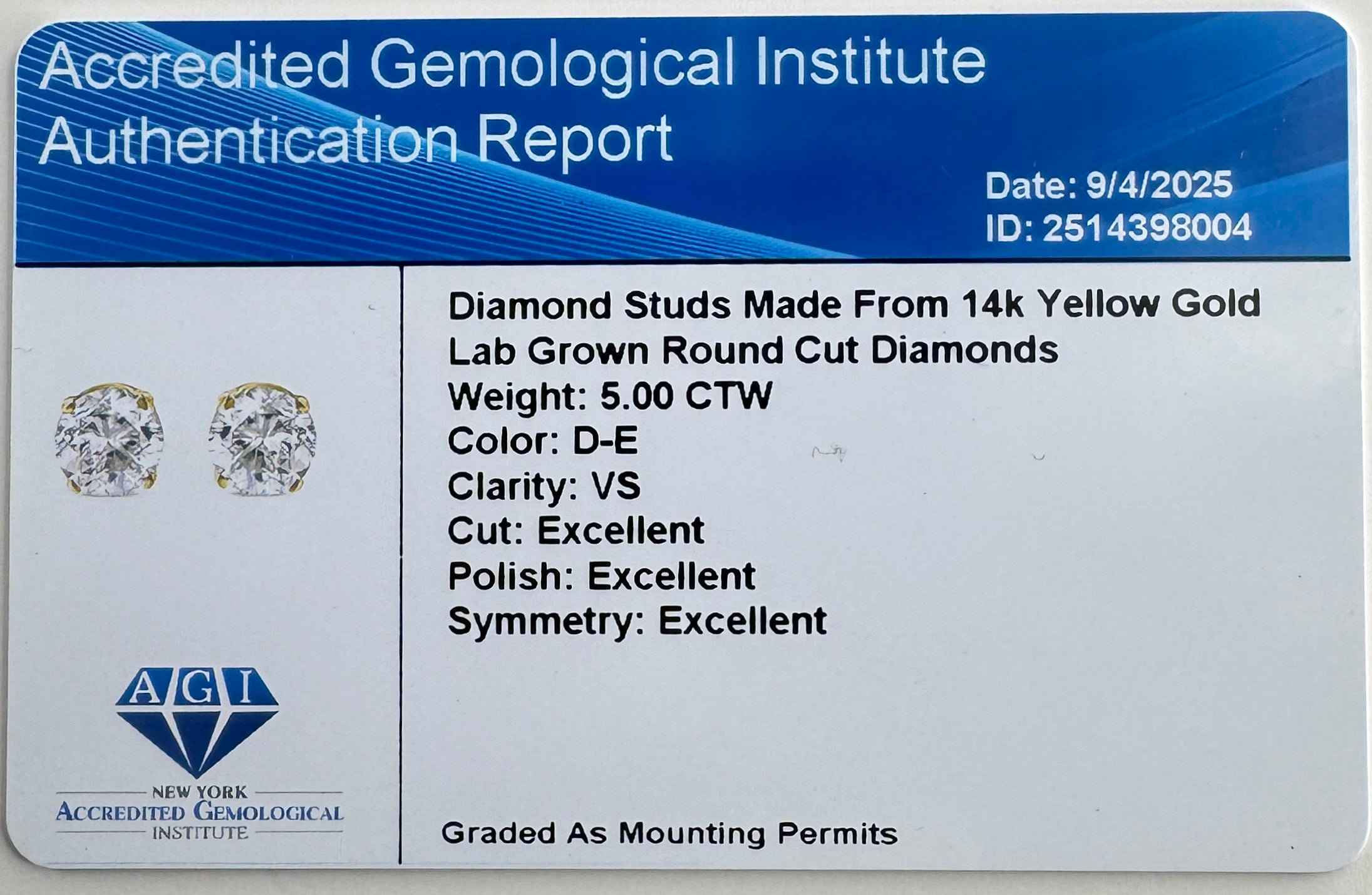 Lab Grown 5.00 ctw Diamond Studs in 4-Prong Setting – AGI Certified