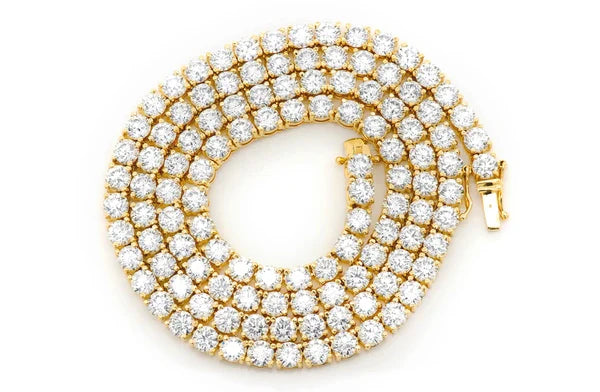 lab grown Diamond tennis necklace on a white background in 14k yellow gold 