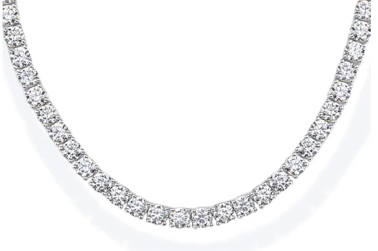 lab grown Diamond tennis necklace on a white background in 14k white gold 