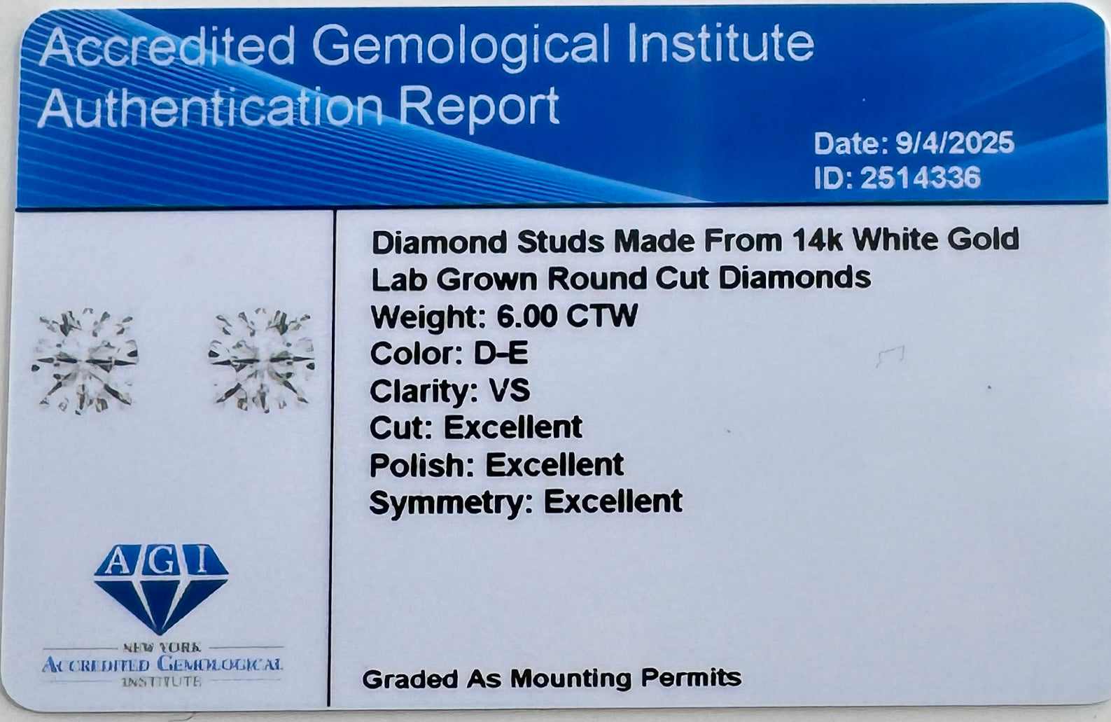 Lab Grown 6.00 ctw Diamond Studs in 4-Prong Setting – AGI Certified