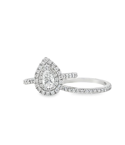 lab grown pear shape ring with halo setting in white gold with matching band