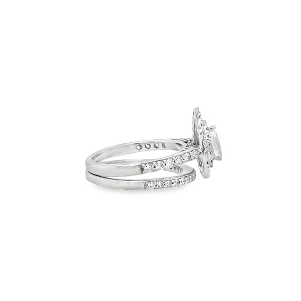 lab grown pear shape ring with halo setting in white gold with matching band side picture