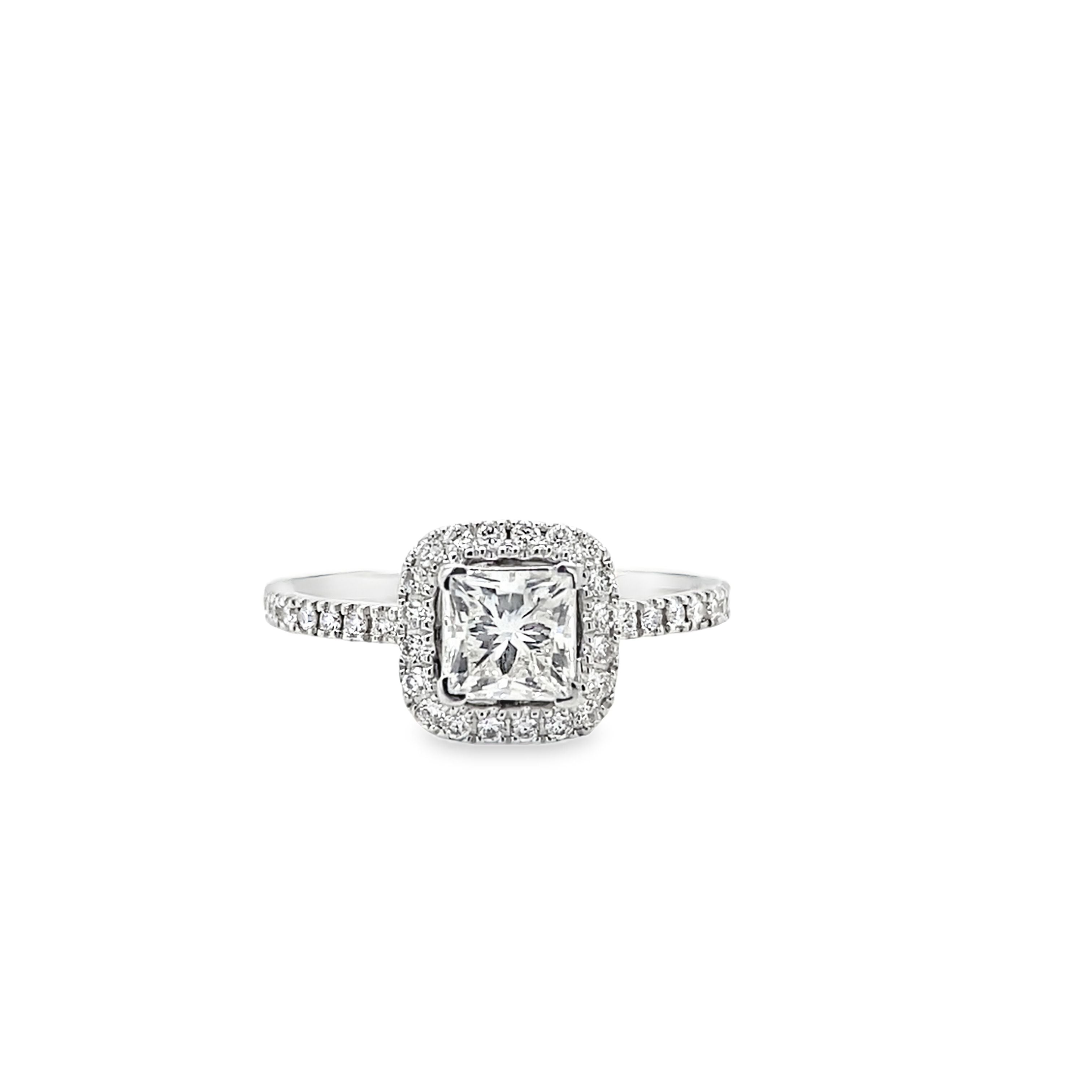 lab grown princess cut diamond ring with halo setting in 14k white gold