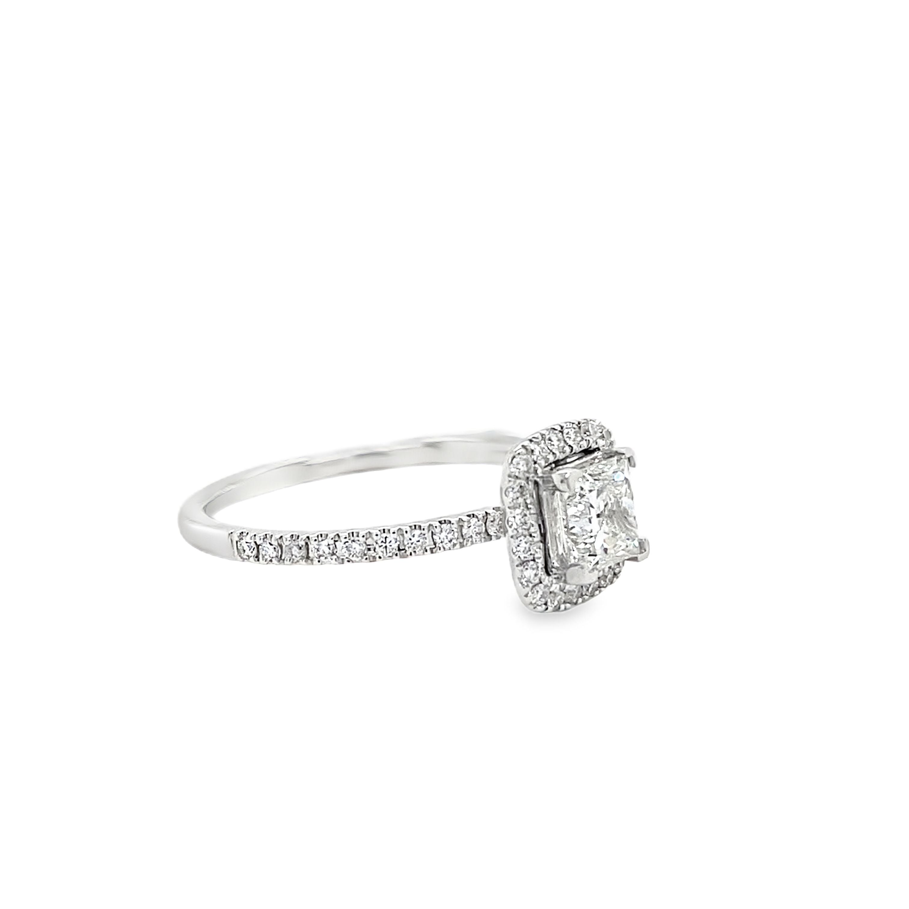 lab grown princess cut diamond ring with halo setting in 14k white gold side picture