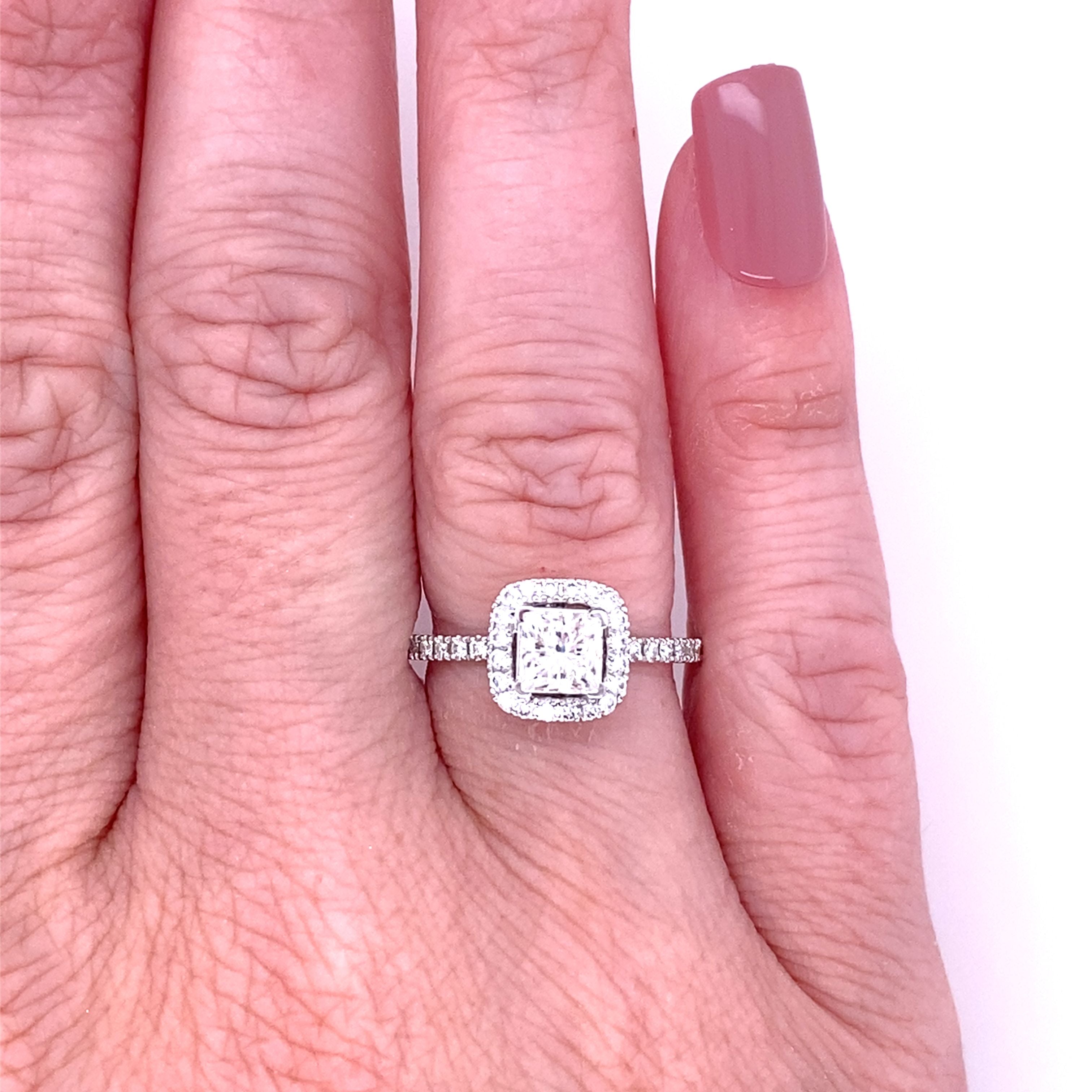 lab grown princess cut diamond ring with halo setting in 14k white gold on hand