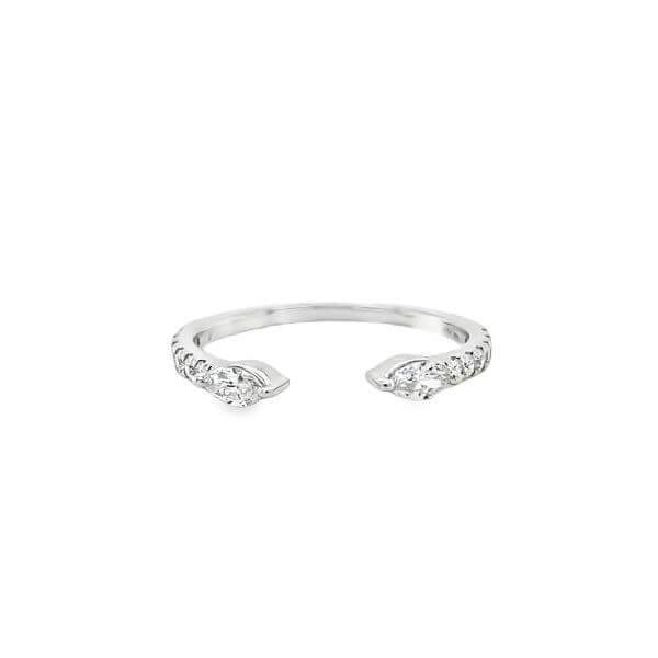 lab grown open ring with small diamonds on a white background set in 14k white gold
