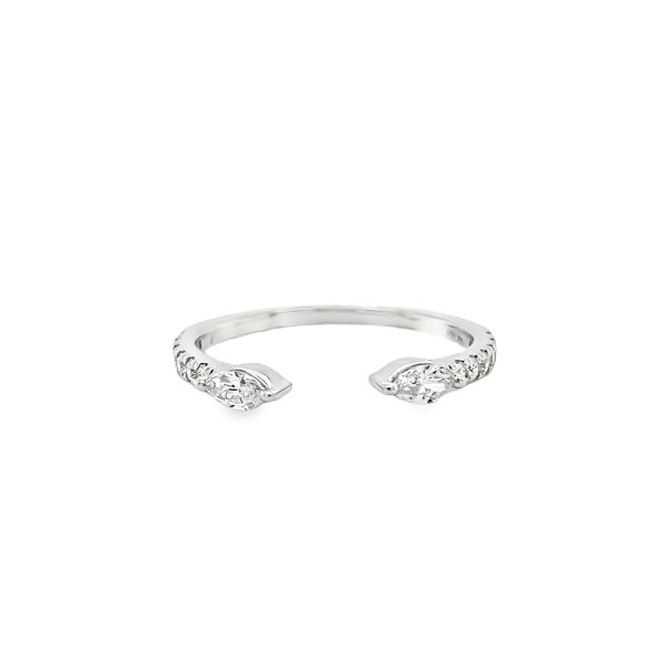lab grown open ring with small diamonds on a white background set in 14k white gold