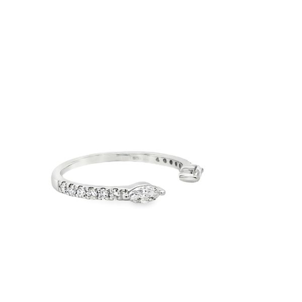 lab grown ring with small diamonds in 14k white gold on a white background