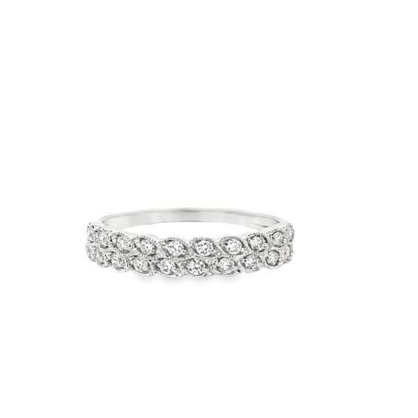 2 rows lab grown Diamond ring in 10k white gold on a white background