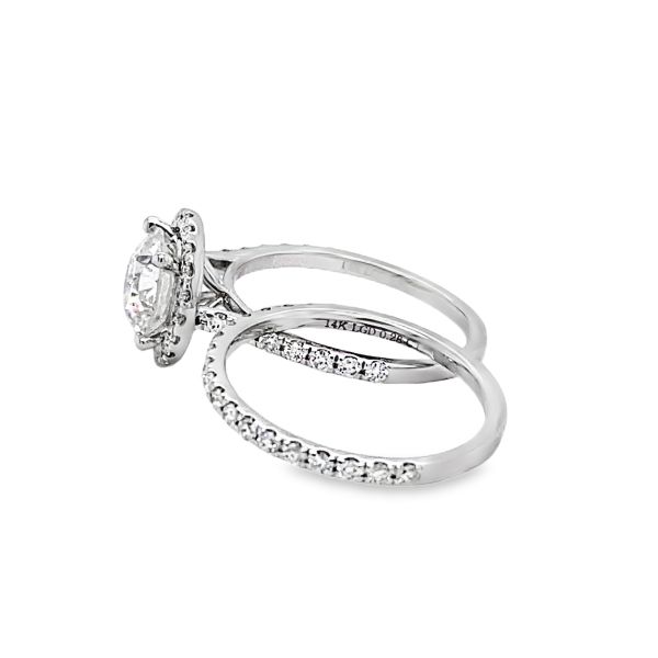 lab grown diamond ring with halo setting in white gold with matching band side picture