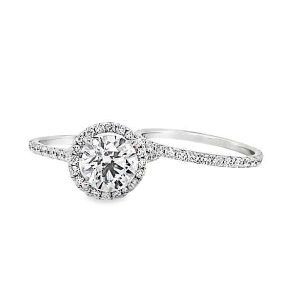 lab grown diamond ring with halo setting in white gold with matching band