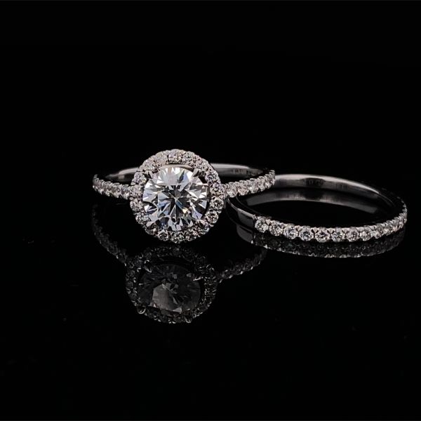 lab grown diamond ring with halo setting in white gold with matching band