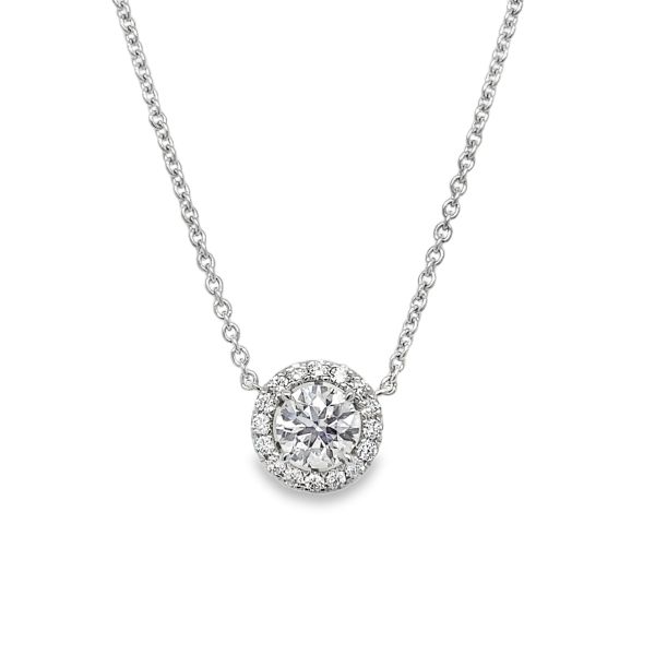 lab grown diamond halo necklace in 14 kt white gold