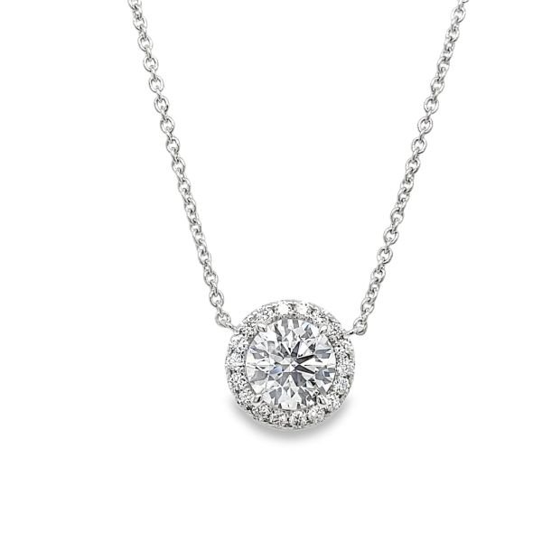 lab grown diamond halo necklace in 14 kt white gold