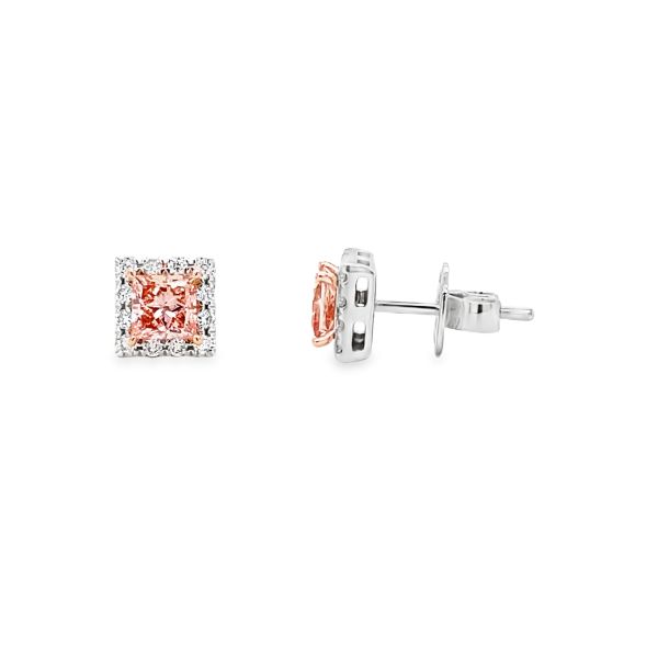 lab grown pink diamond studs princess cut in halo setting with white diamonds in white gold