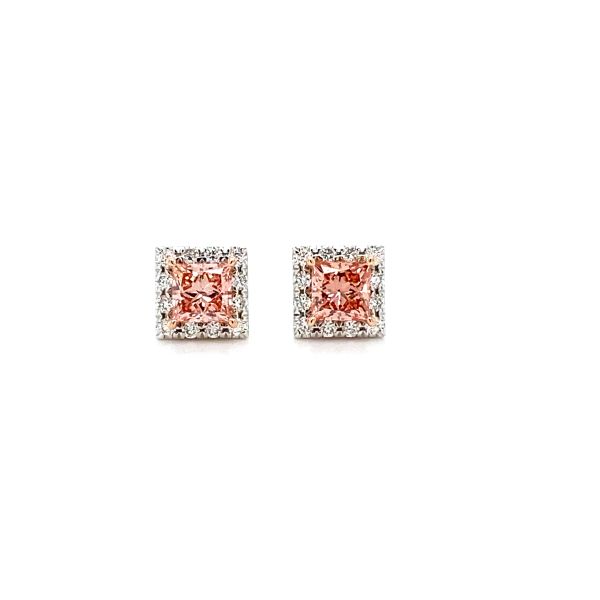 lab grown pink diamond studs princess cut in halo setting with white diamonds in white gold