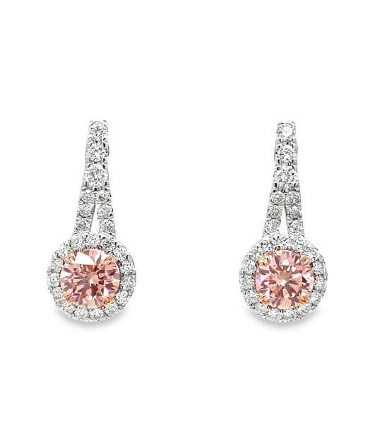 Lab Grown DIamond earrings with pink and white diamonds in 14k White Gold Front