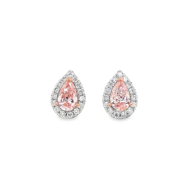 lab grown pink diamond studs  pear shape in halo setting with white diamonds in white gold