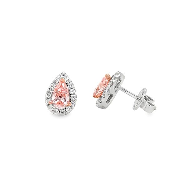 lab grown pink diamond studs  pear shape in halo setting with white diamonds in white gold front and side picture