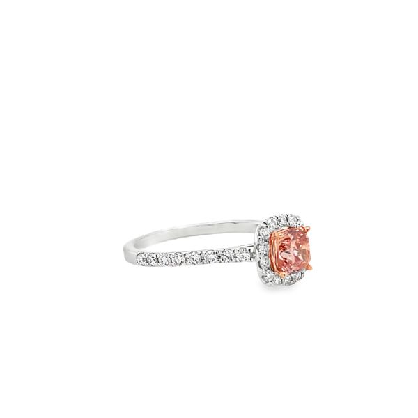 lab grown diamond ring with  cushion cut fancy pink diamond in the center and halo with white diamonds in 14k white gold side picture
