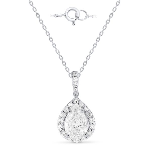 lab grown pear shape diamond necklace with halo setting in 14k white gold