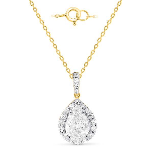 lab grown pear shape diamond necklace with halo setting in 14k white gold