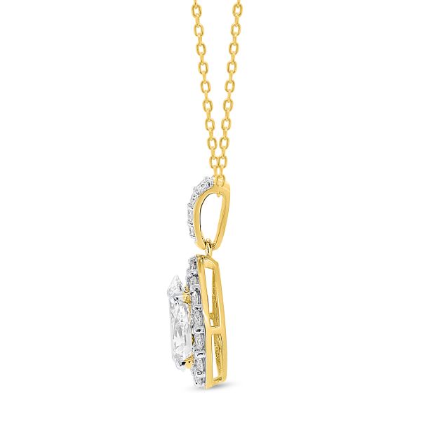 lab grown pear shape diamond necklace with halo setting in 14k yellow gold side picture