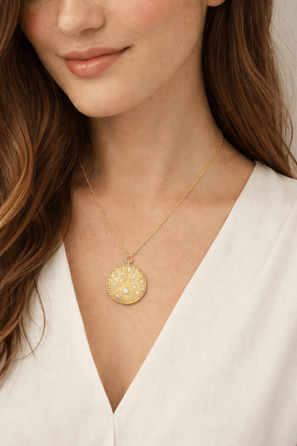 Lab Grown Diamond Pendant in Sterling Silver YGP 0.14ctw Round Ridged Disc on Link Chain