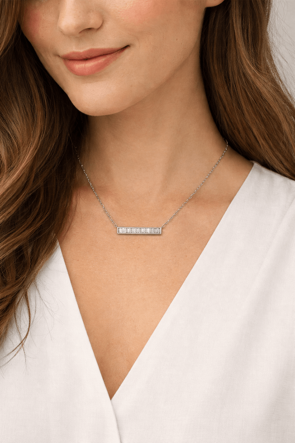 Lab Grown Diamond Necklace .925 Sterling Silver Sideways Bar Pendant 0.90ctw