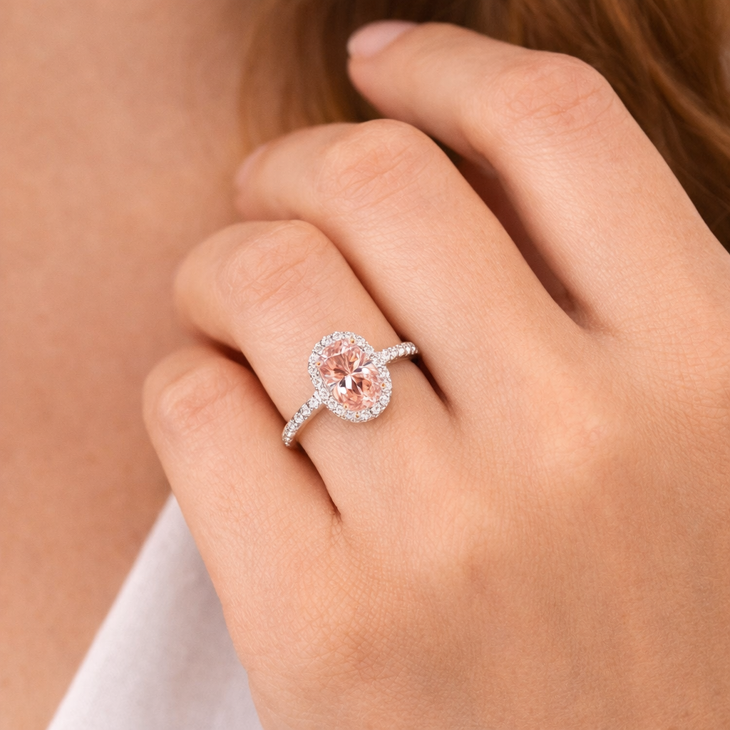 Lab Grown Oval Fancy Pink Diamond Halo Ring 14K Gold