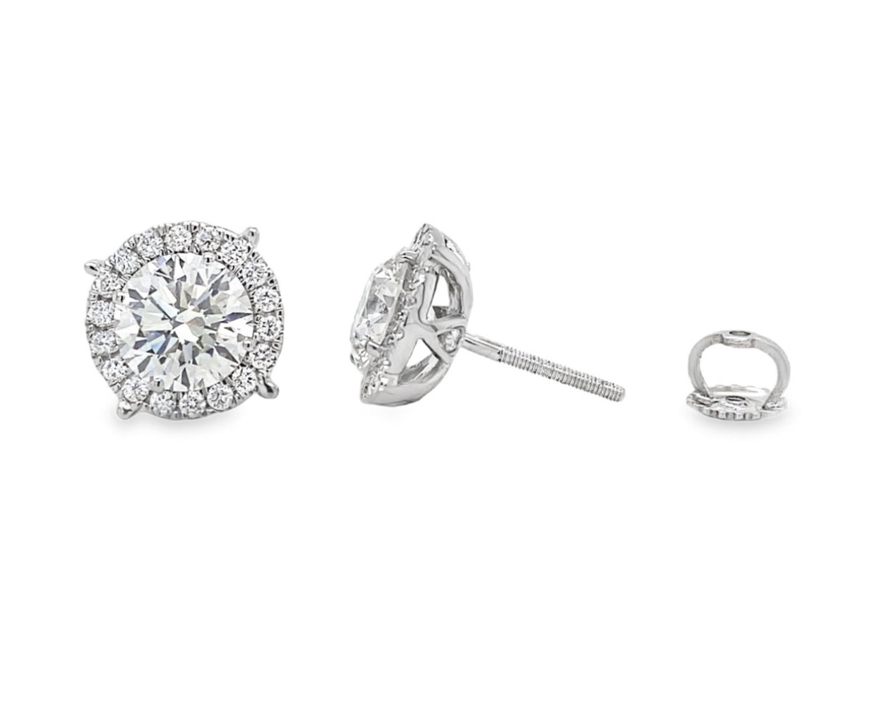 lab grown studs in halo setting in platinum front and side picture