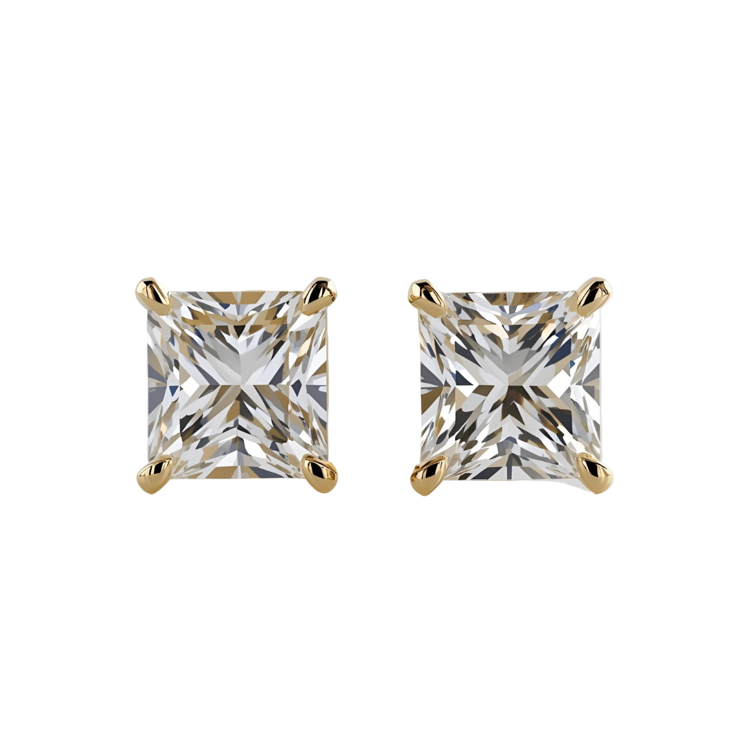 4.00ctw princess cut lab grown diamond stud earrings 14k yellow gold 4-prong