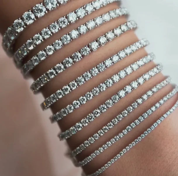 lab grown diamond tennis bracelet in 14k white gold different sizes on hand