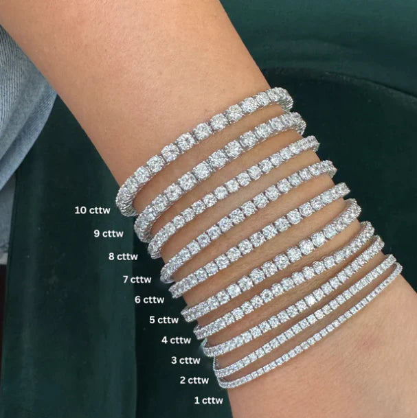lab grown diamond tennis bracelet in 14k white gold on hand different sizes