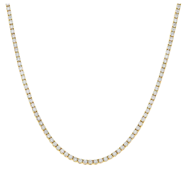 lab grown Diamond tennis necklace on a white background in 14k yellow gold 