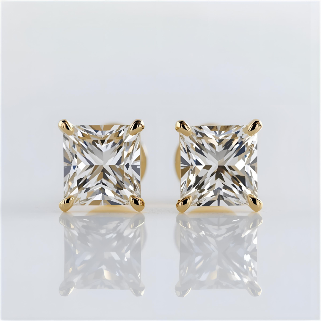 4.00ctw princess cut lab grown diamond stud earrings 14k yellow gold 4-prong